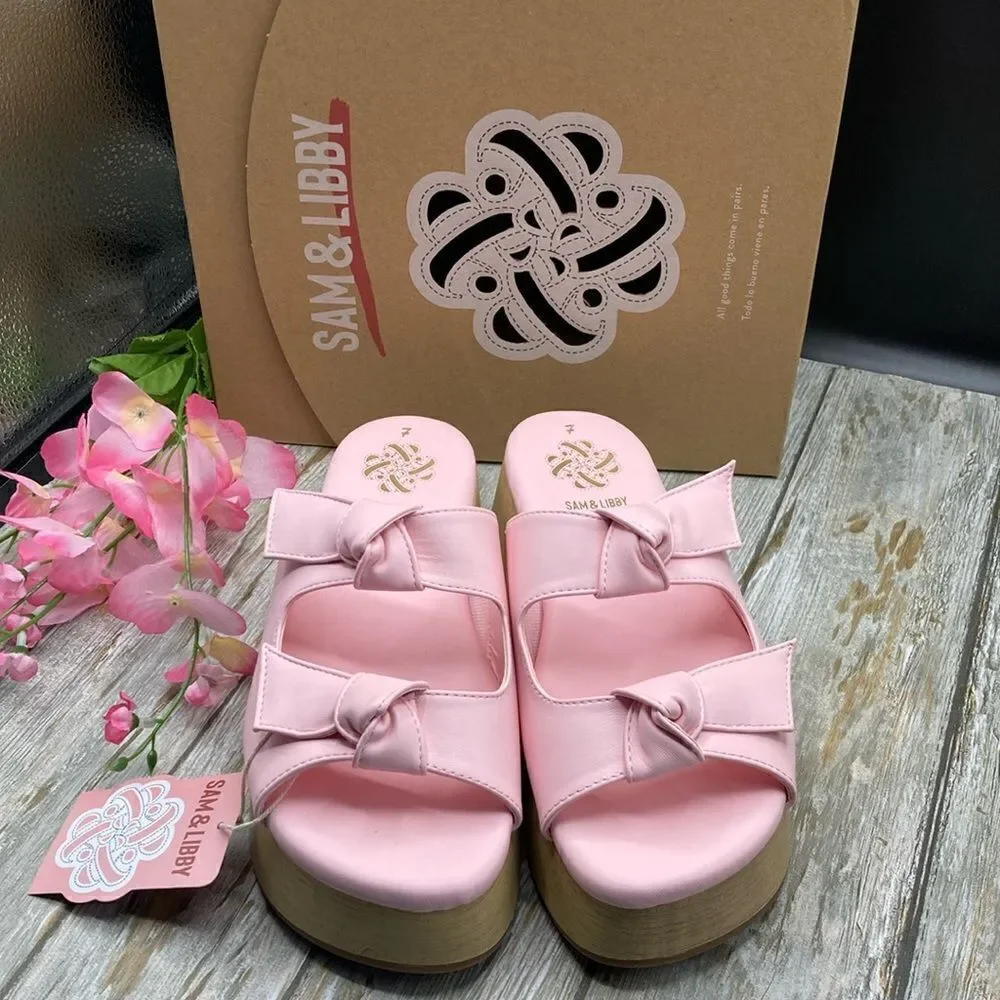 Sam & Libby Pink Platform Double Bow Tie Comfy Dress Sandals Shoes Size 7